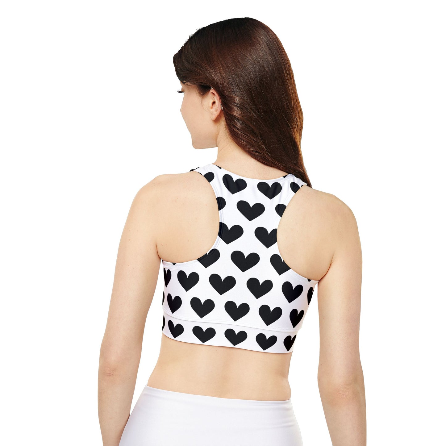 High-Neck Sports Bra | Black and White Hearts