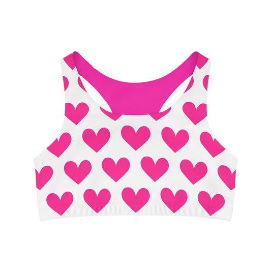 Light and Stretchy Seamless Sports Bra | White and Pink Hearts