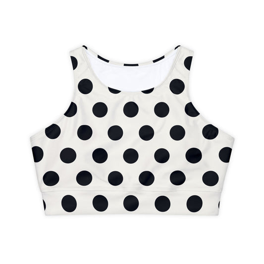 High-Neck Sports Bra | Cream Black Polka Dots