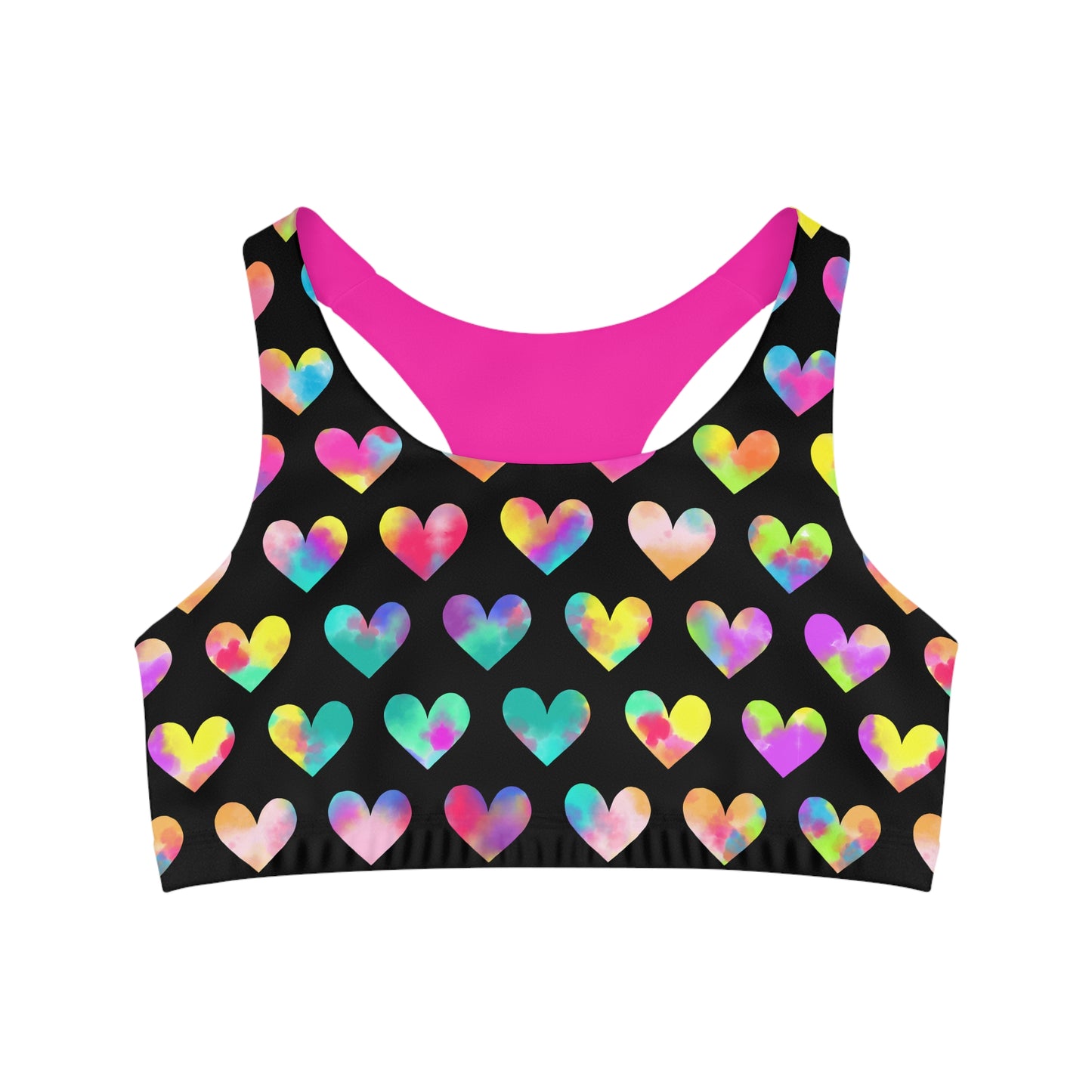 Light and Stretchy Seamless Sports Bra | Watercolor Hearts on Black