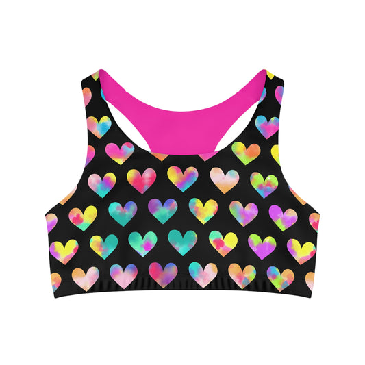 Light and Stretchy Seamless Sports Bra | Watercolor Hearts on Black