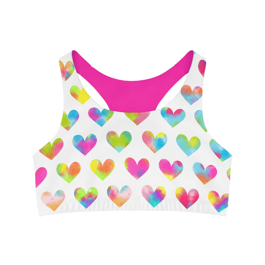 Light and Stretchy Seamless Sports Bra | Watercolor Hearts on White