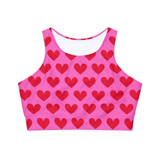 High-Neck Sports Bra | Classic Pink and Red Hearts