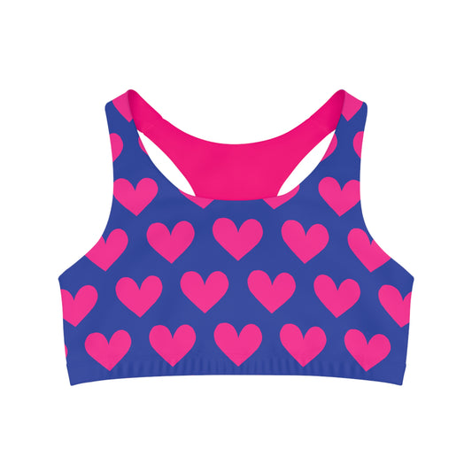 Light and Stretchy Seamless Sports Bra | Blue and Pink Hearts