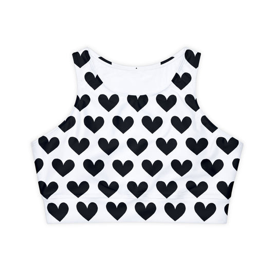 High-Neck Sports Bra | Black and White Hearts