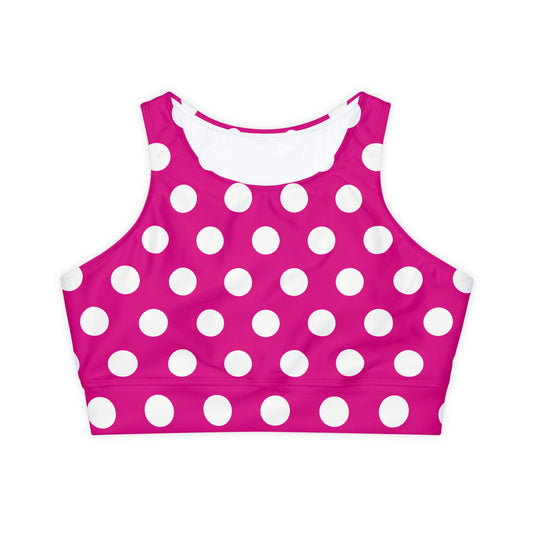 High-Neck Sports Bra | Fuchsia Polka Dots