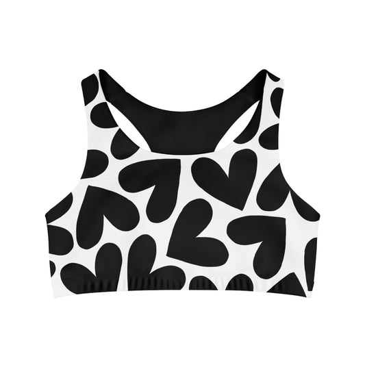 Light and Stretchy Seamless Sports Bra | Black and White Hearts