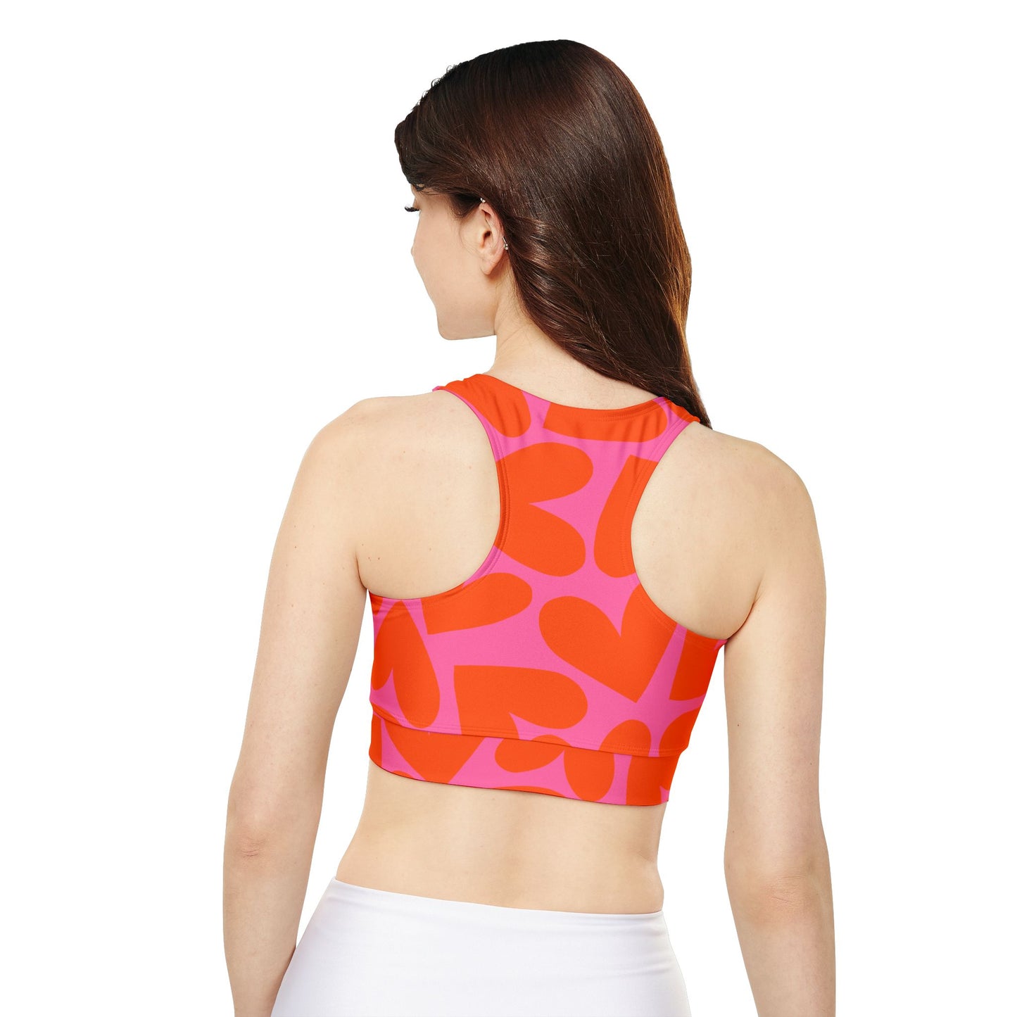 High-Neck Sports Bra | Pink and Orange Hearts