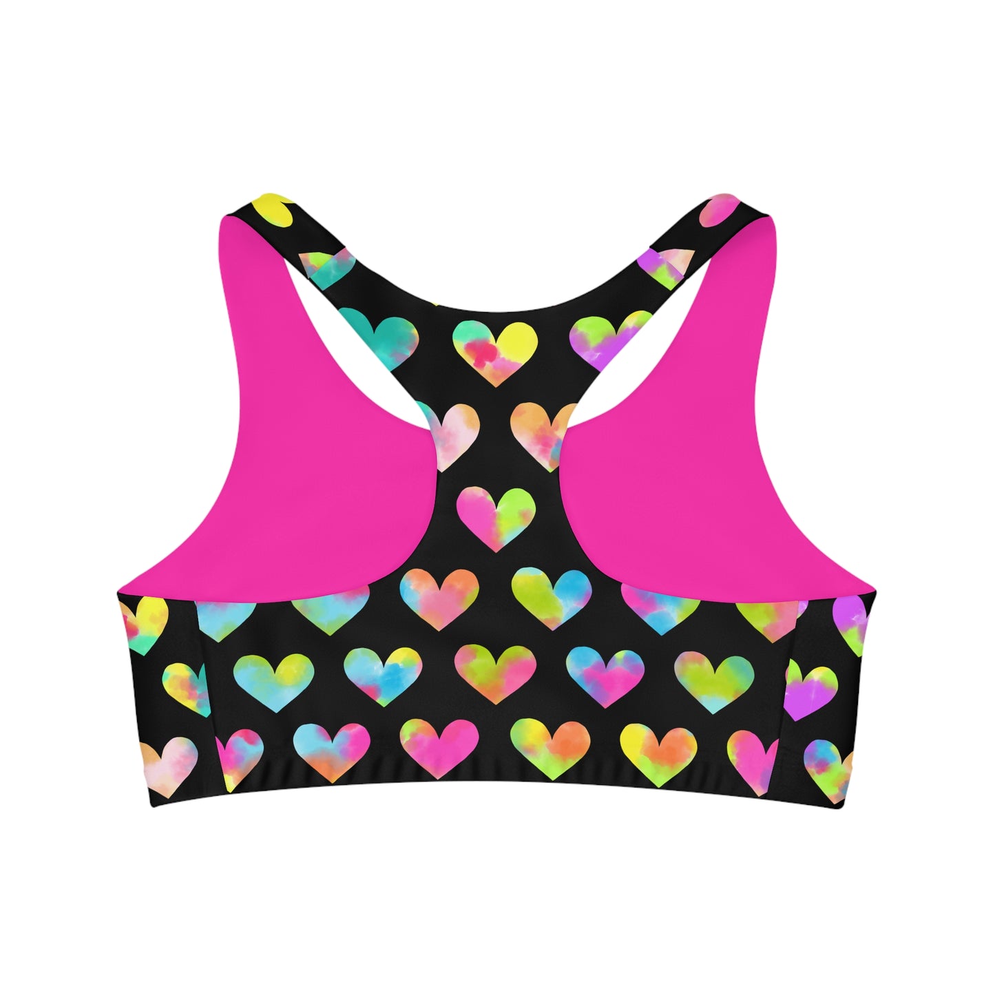 Light and Stretchy Seamless Sports Bra | Watercolor Hearts on Black