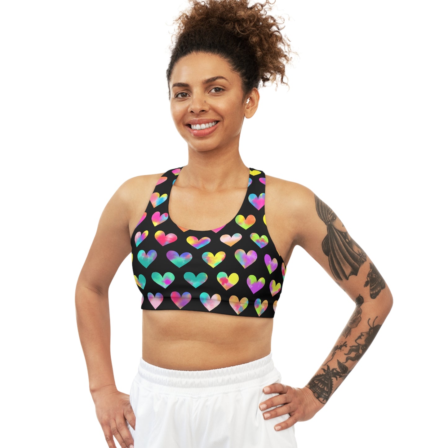 Light and Stretchy Seamless Sports Bra | Watercolor Hearts on Black