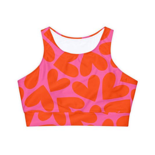 High-Neck Sports Bra | Pink and Orange Hearts