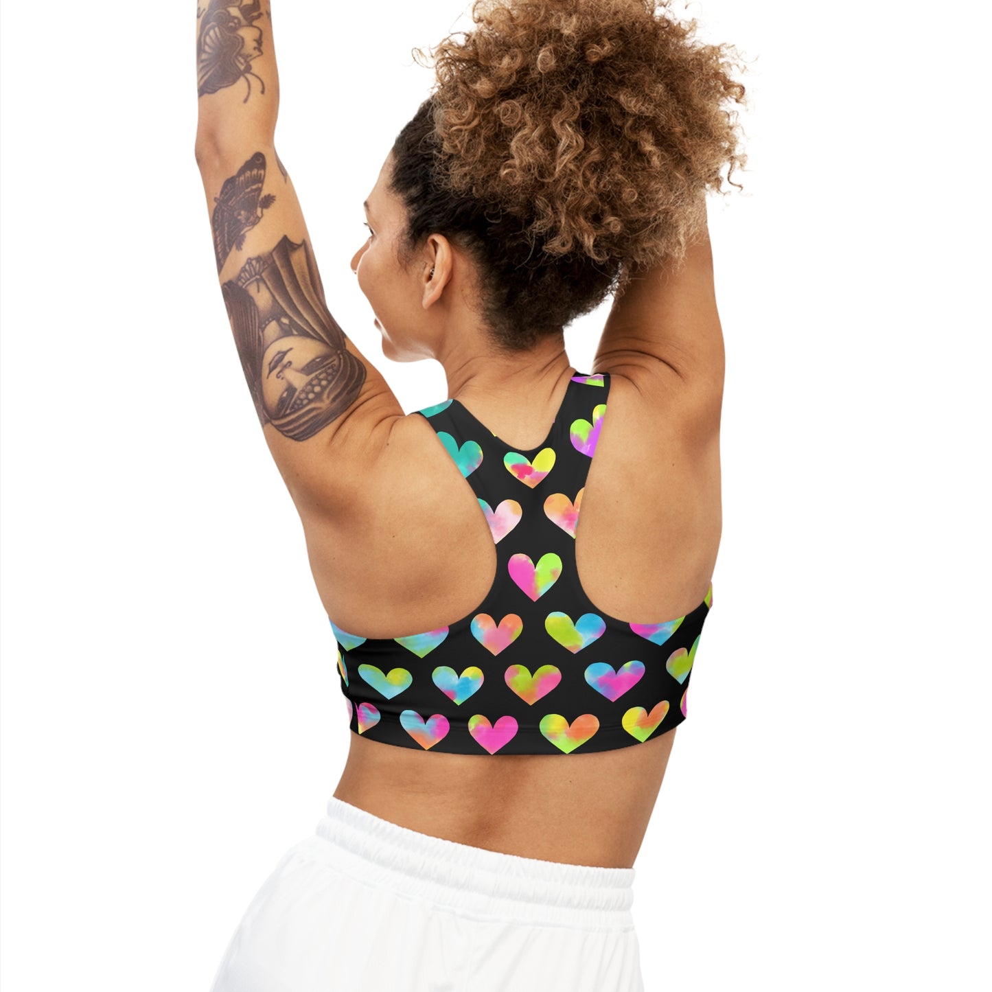 Light and Stretchy Seamless Sports Bra | Watercolor Hearts on Black