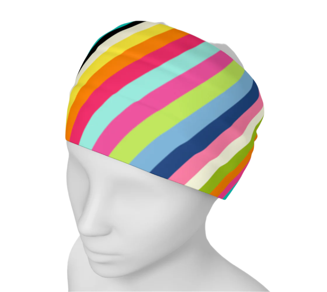 Colorful striped headband on a mannequin head against a white background