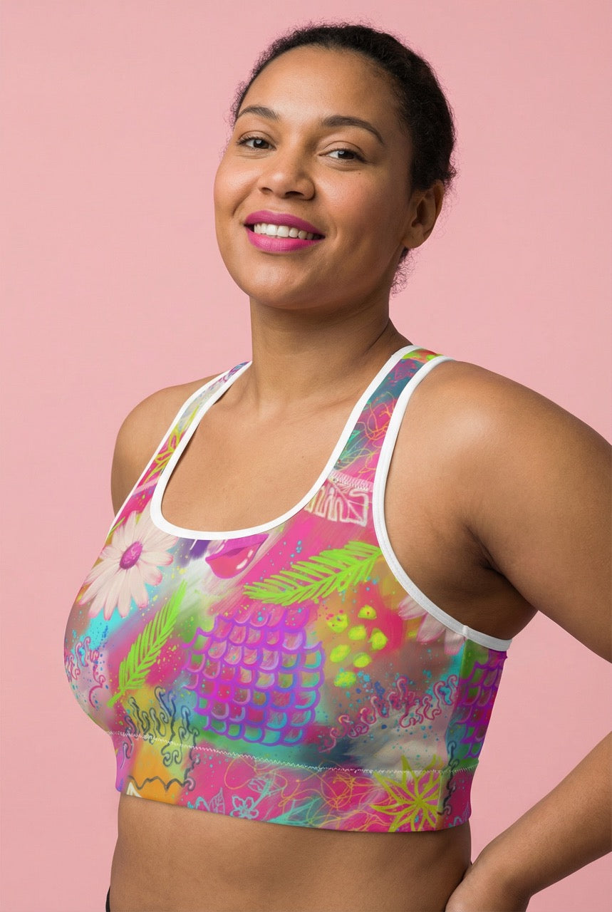 Woman wearing a colorful sports bra with pink tropical print against a pink background