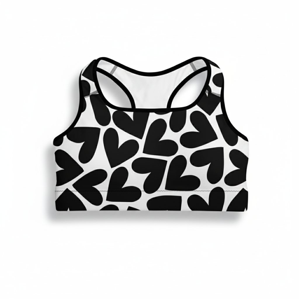 Classic Sports Bra | White and Black Hearts
