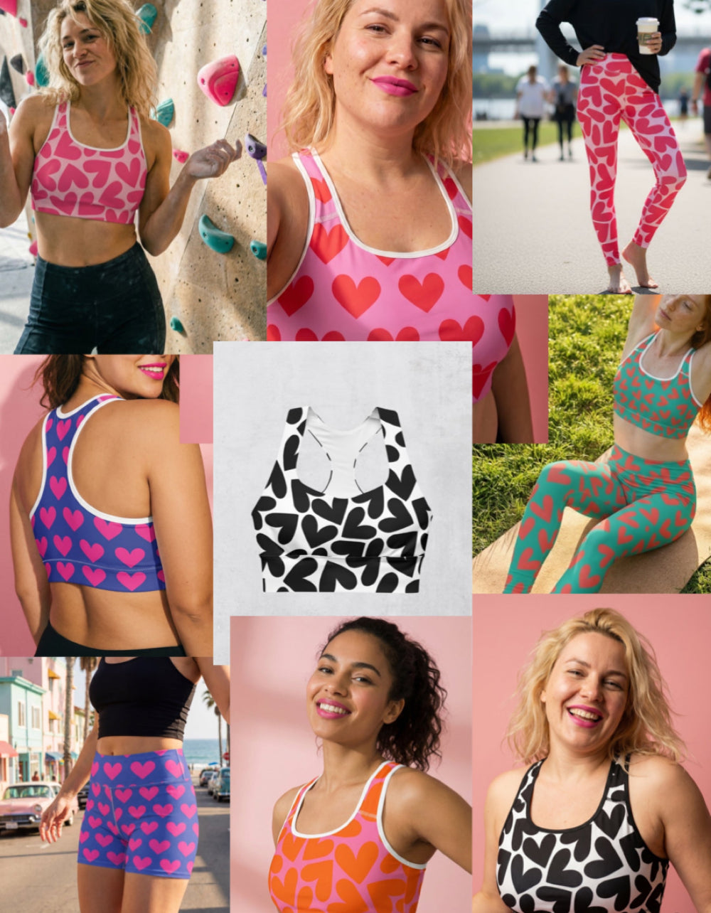 Collage of women wearing patterned athletic wear with a focus on sports bras and leggings.