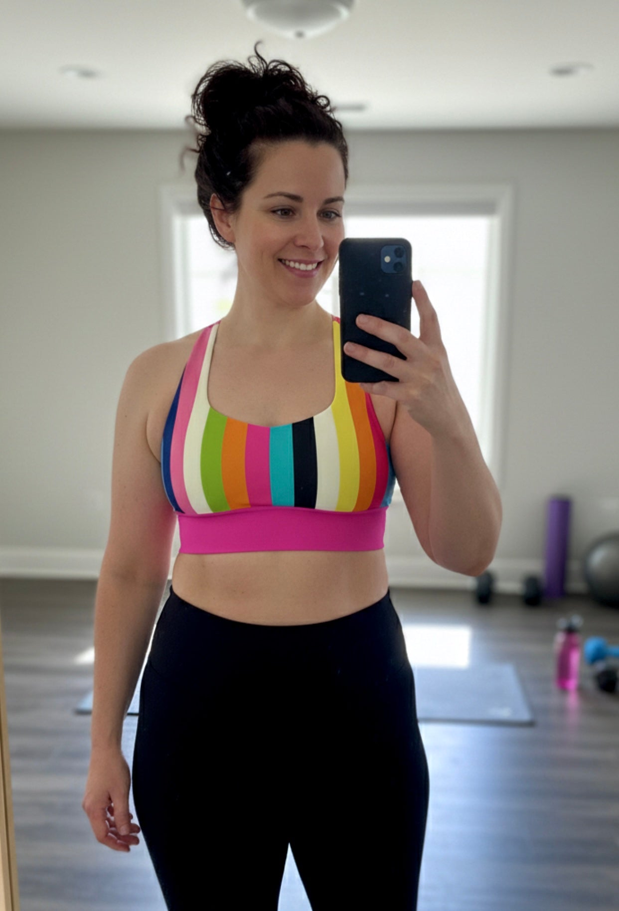 Longline Sports Bra | Colorful Stripes with Pink Band
