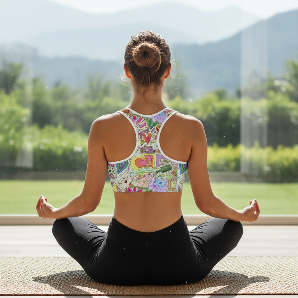 Person meditating with a colorful sports bra and black leggings in front of a window with a view of greenery and mountains.