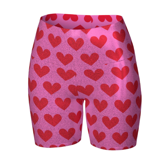 GLITTER Compression High-Waist Yoga Shorts | Pink & Red Hearts