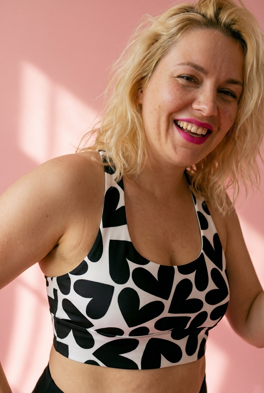Longline Sports Bra | White and Black Hearts