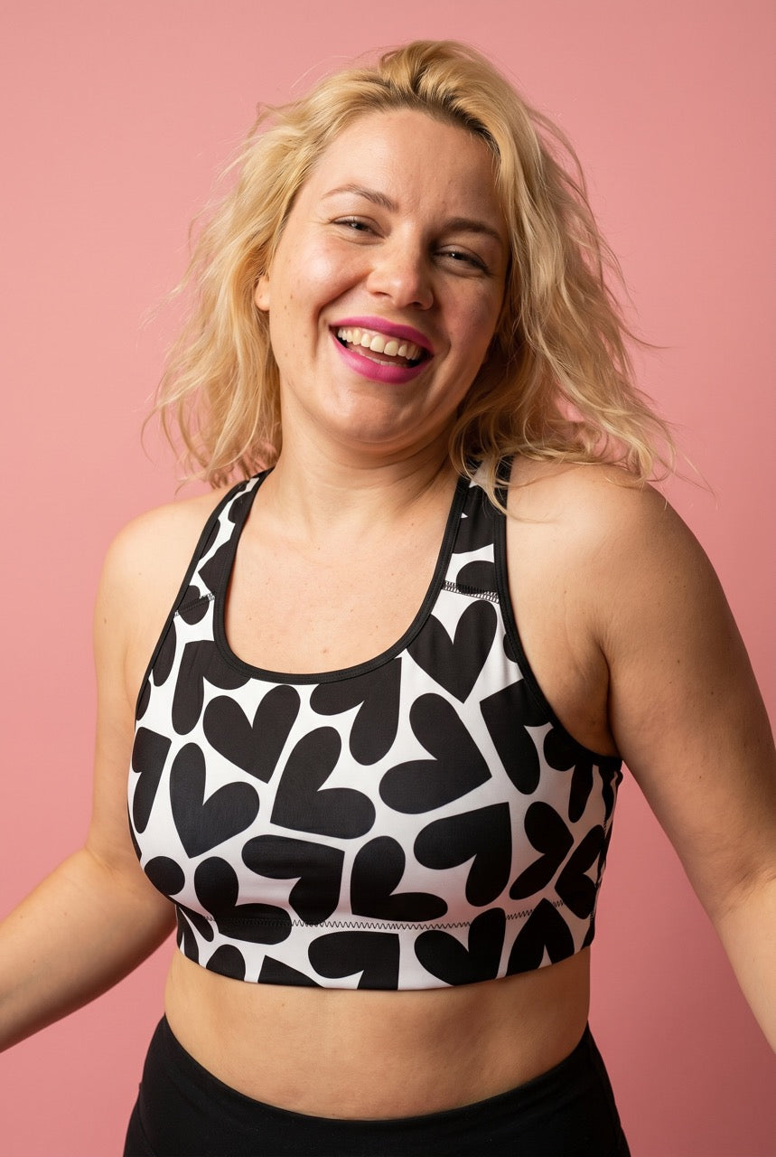 Classic Sports Bra | White and Black Hearts Print