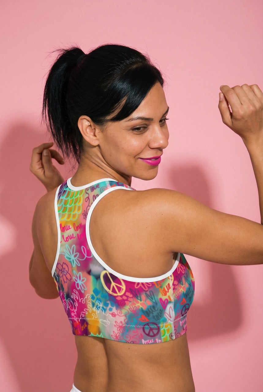 Classic Sports Bra | Peace Love Bike and Sakura Colorful Print