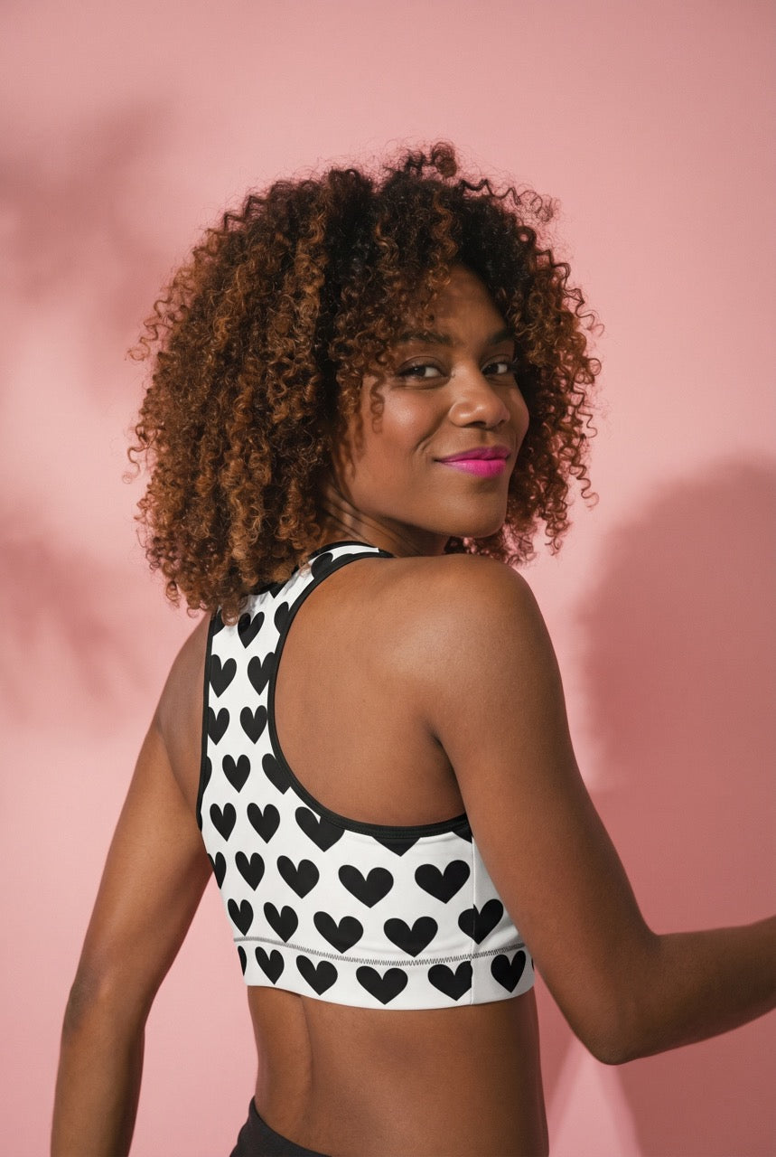 Classic Sports Bra | White and Black Hearts Print