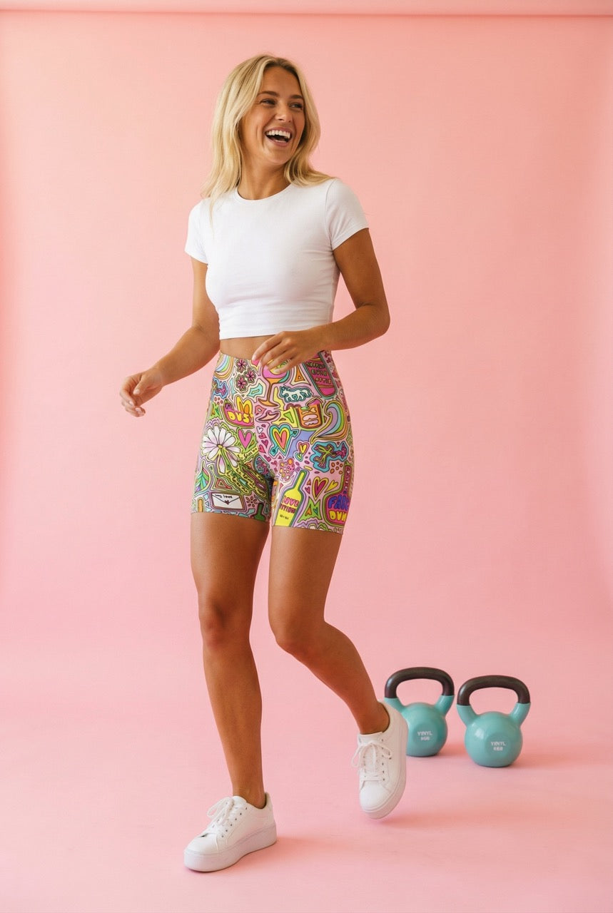 Sculpting High-Waist Compression Yoga Shorts | Fairytale Colorful Print