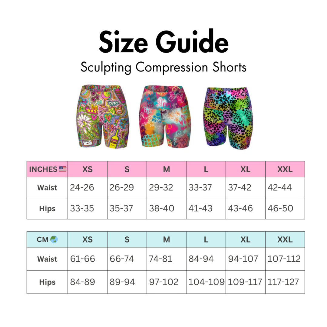 Size guide for sculpting compression shorts with colorful designs on a white background