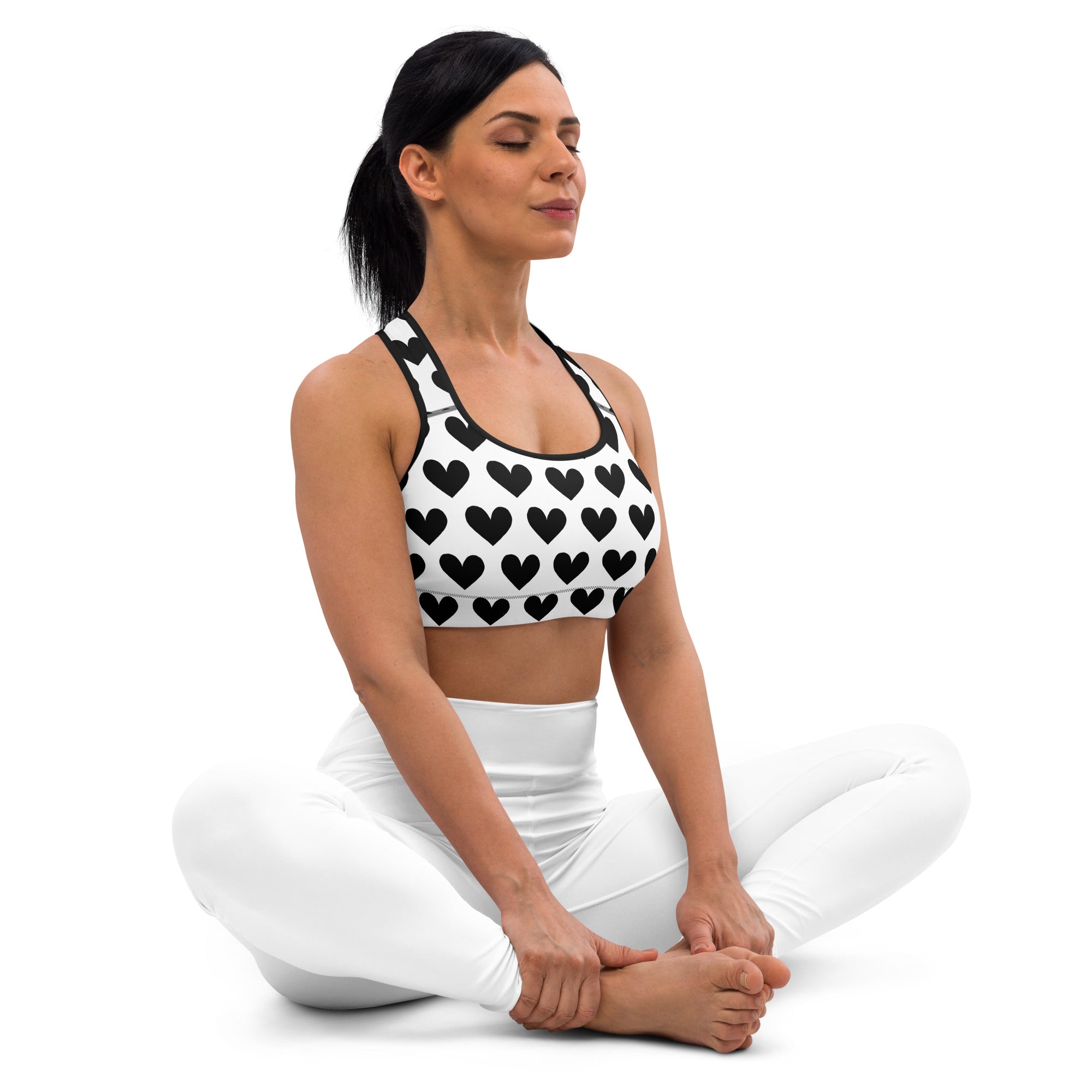 Strong and Supportive Classic Sports Bra | White and Black Hearts