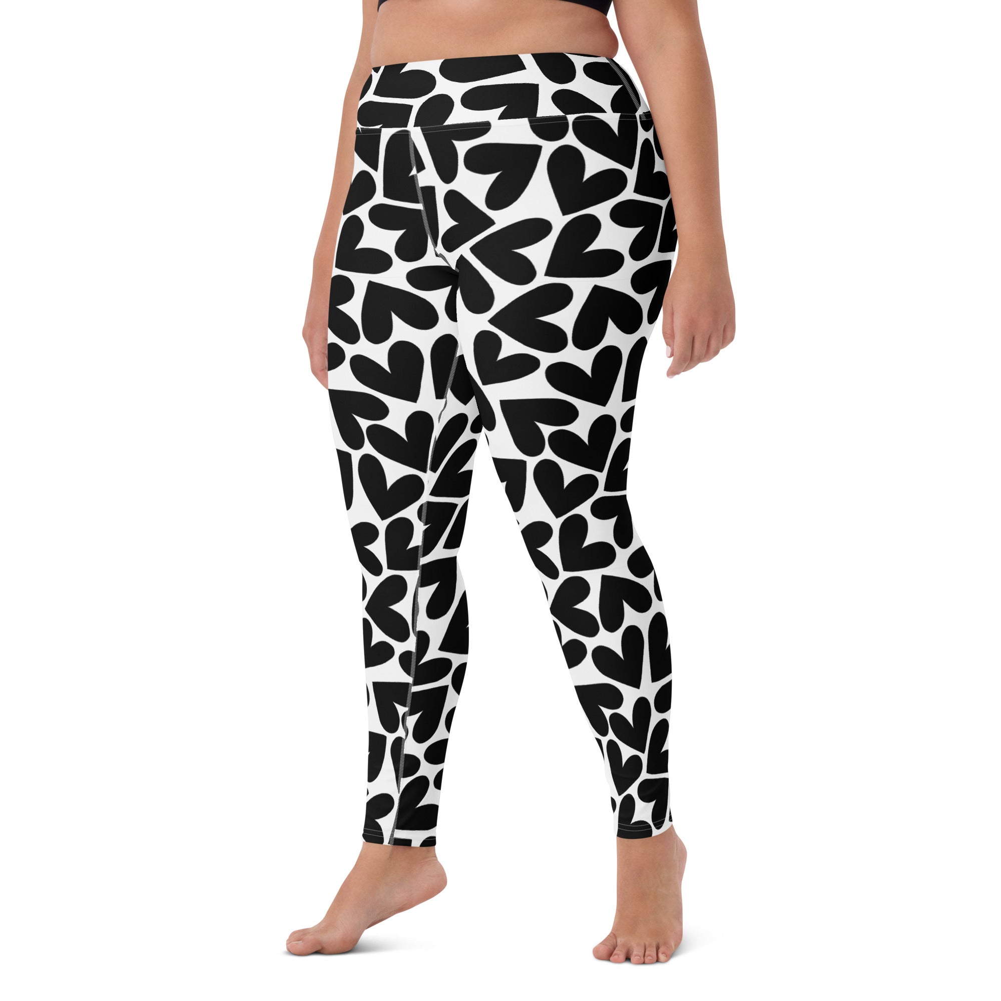 Black and white hearts print yoga leggings left front view