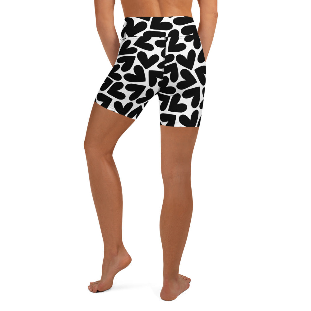 Black and white hearts pattern short yoga shorts back view