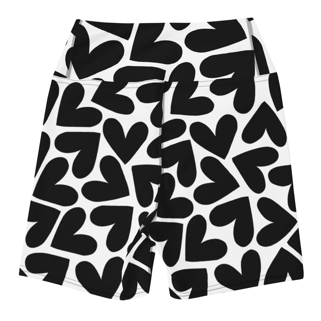 Black and white hearts pattern short yoga shorts back flat view