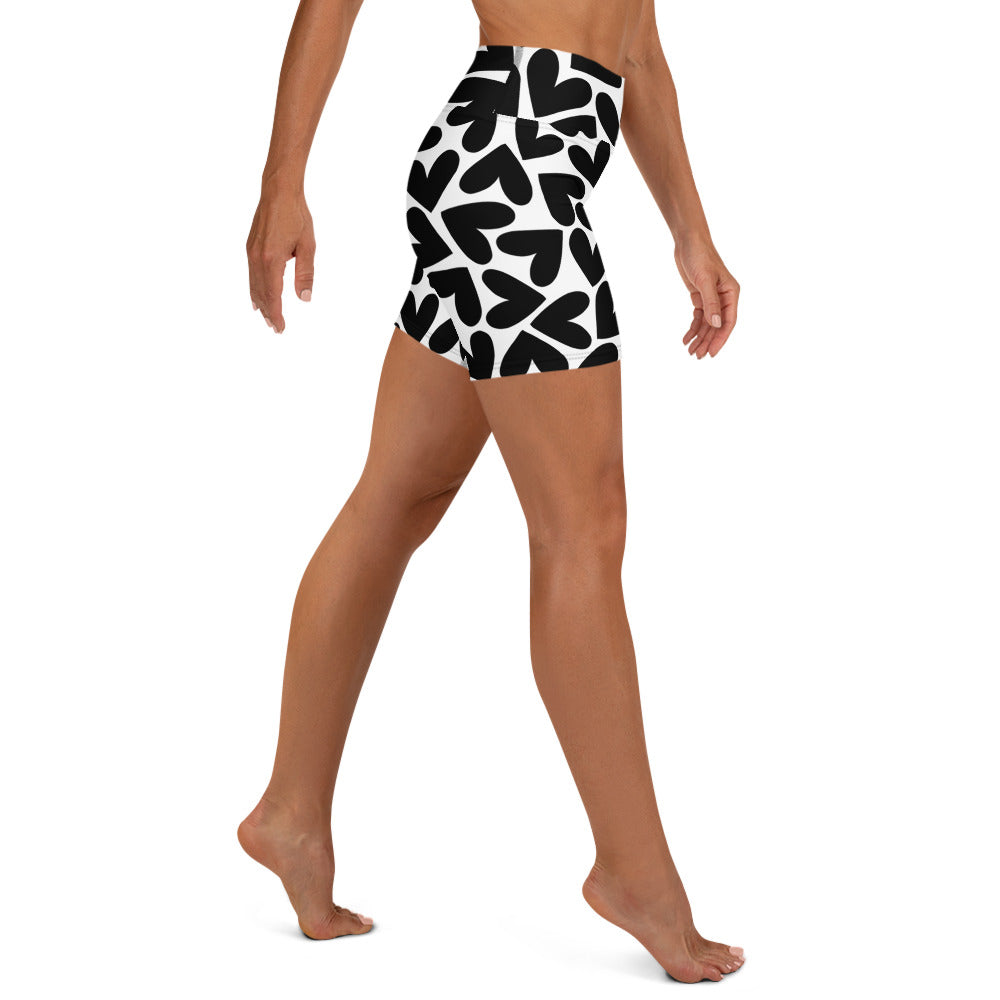 Black and white hearts pattern short yoga shorts right side view