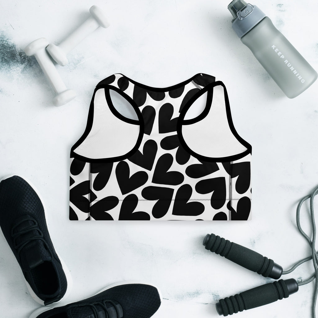 Black and white hearts pattern print sports bra back side