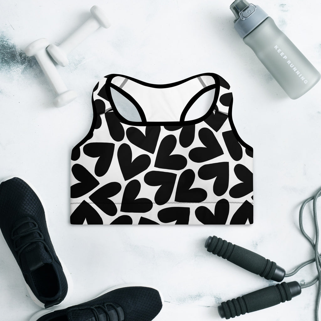 Black and white hearts pattern print sports bra front side
