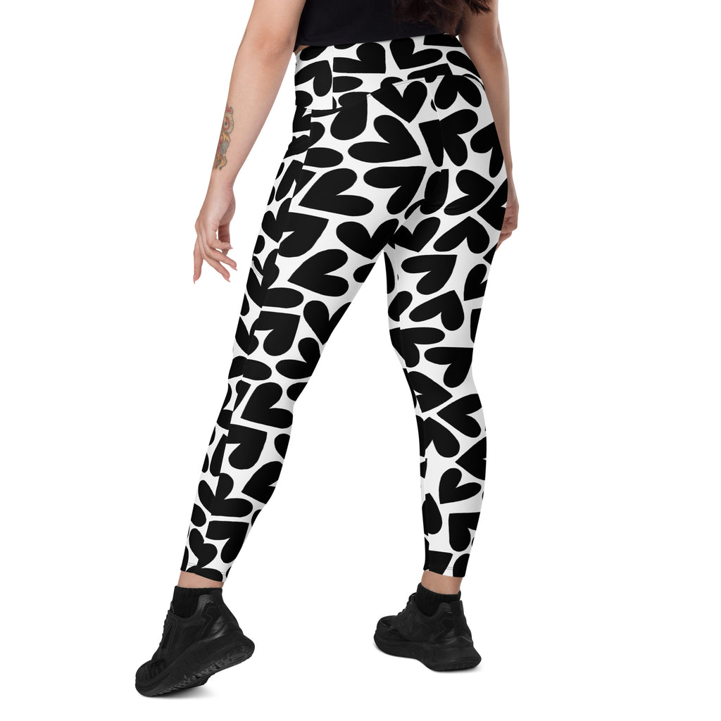 Black and white hearts print recycled yoga leggings with pockets, back