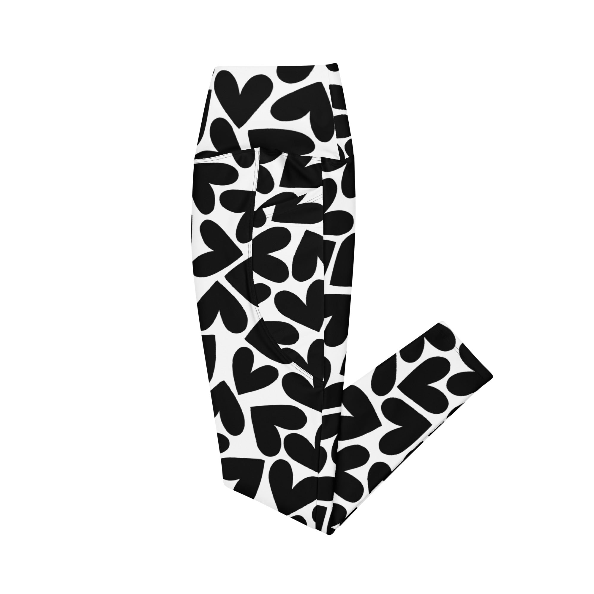Black and white hearts print recycled yoga leggings with pockets, left flat view