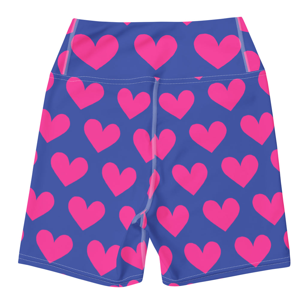 Blue and pink hearts pattern short yoga shorts back flat view
