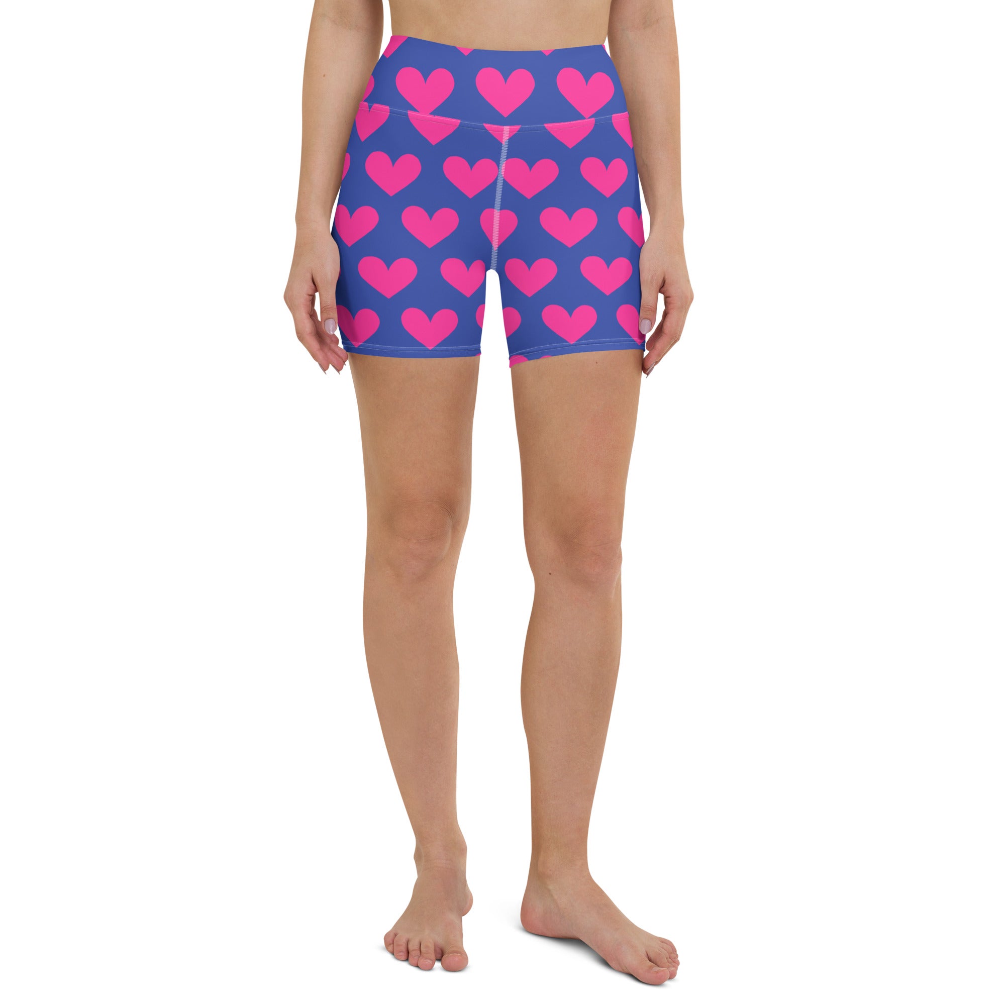 Blue and pink hearts pattern short yoga shorts front view
