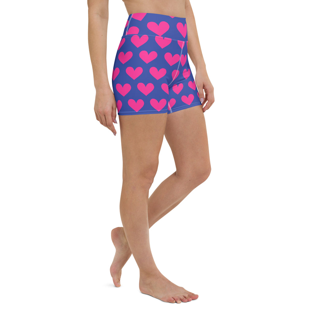 Blue and pink hearts pattern short yoga shorts side front view