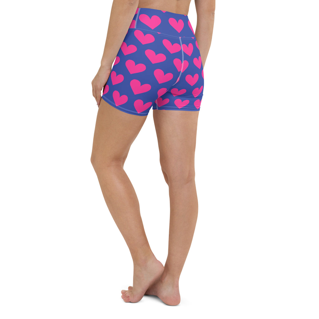 Blue and pink hearts pattern short yoga shorts back view