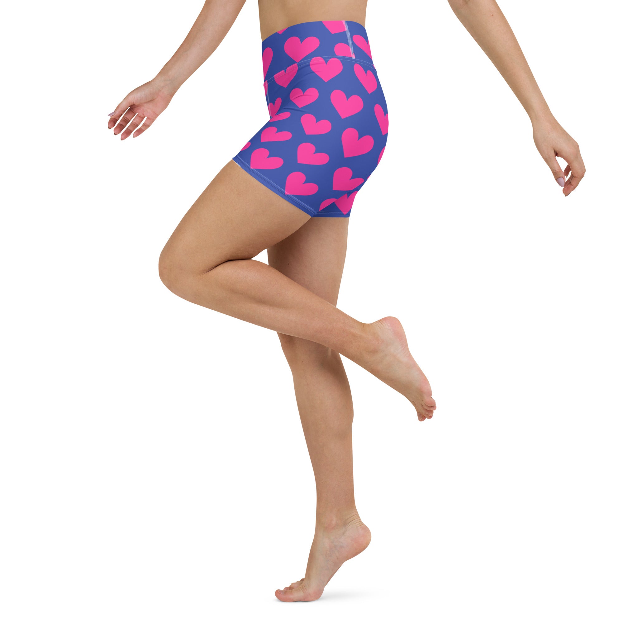 Blue and pink hearts pattern short yoga shorts side view