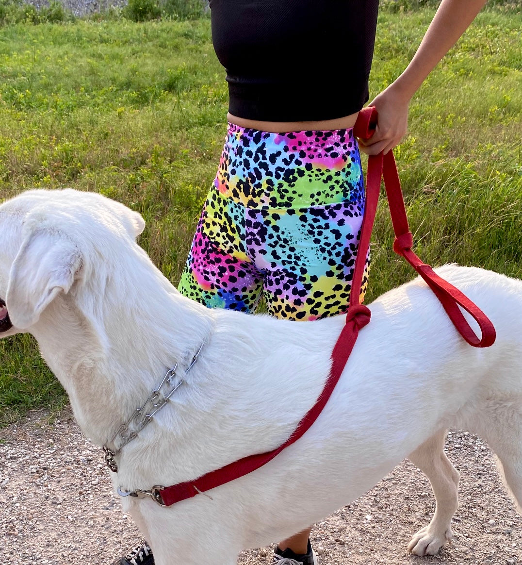 Colorful high-waisted running shorts with animal print, pictured with a dog