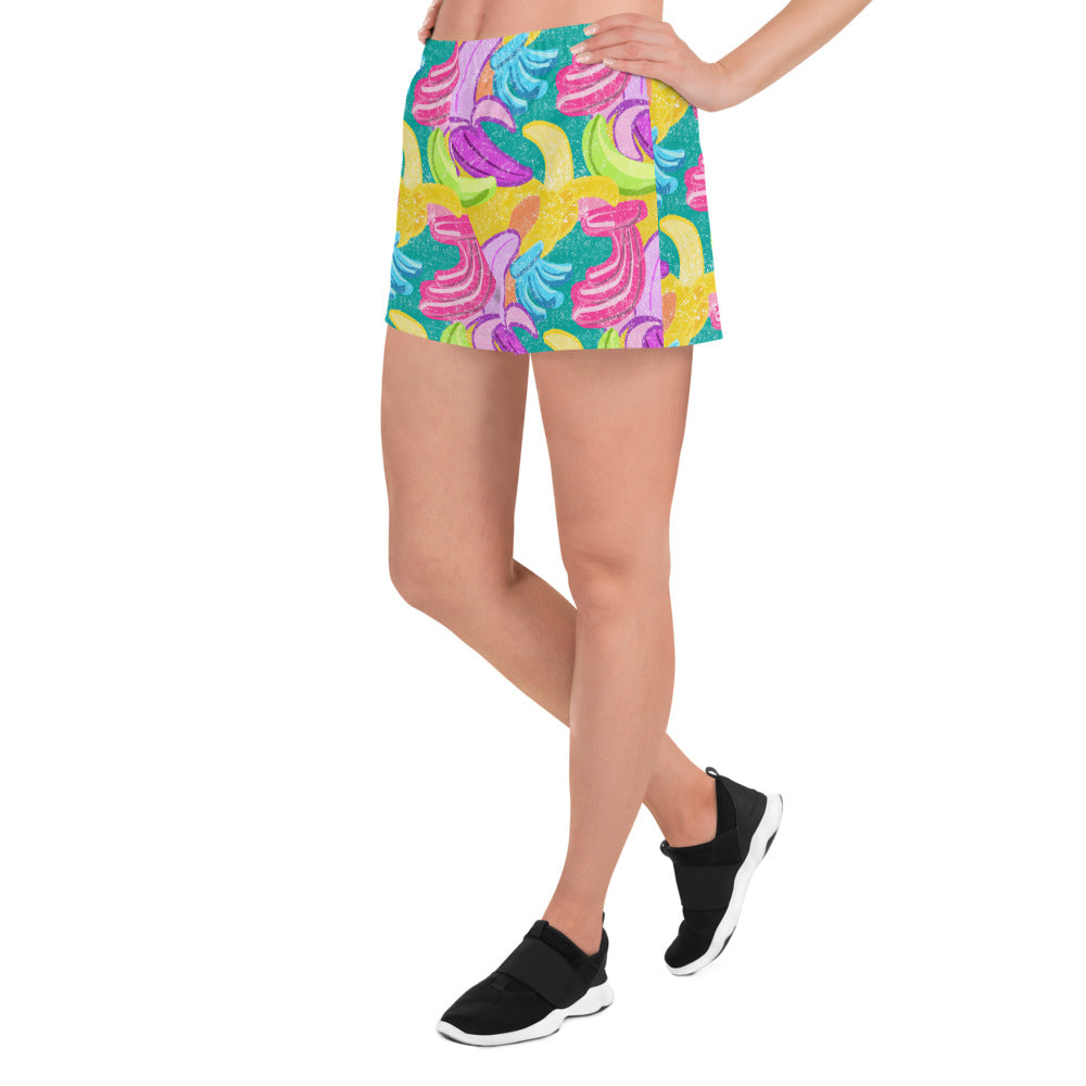 Colorful athletic shorts with bananas print, left front view