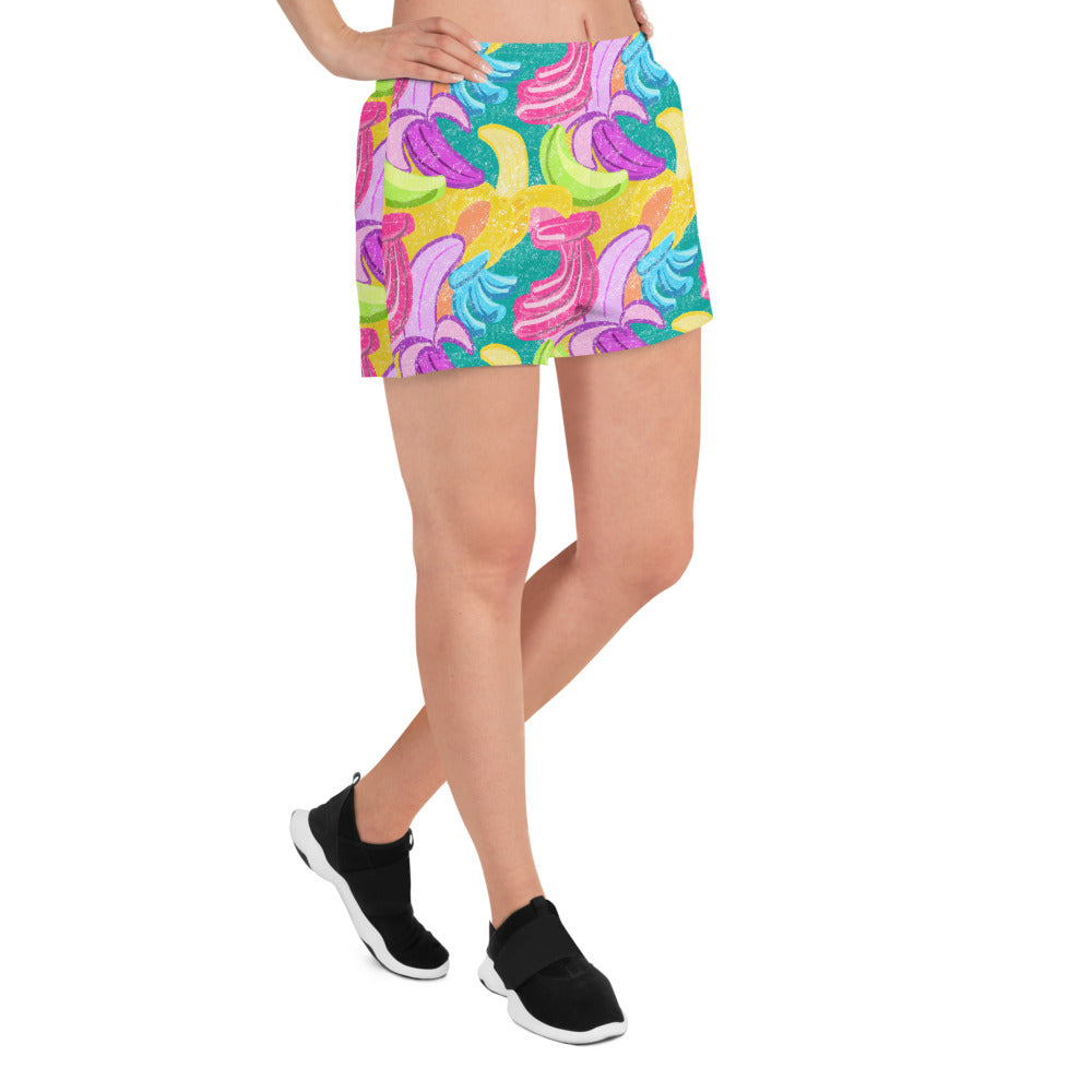 Colorful athletic shorts with bananas print, right front view