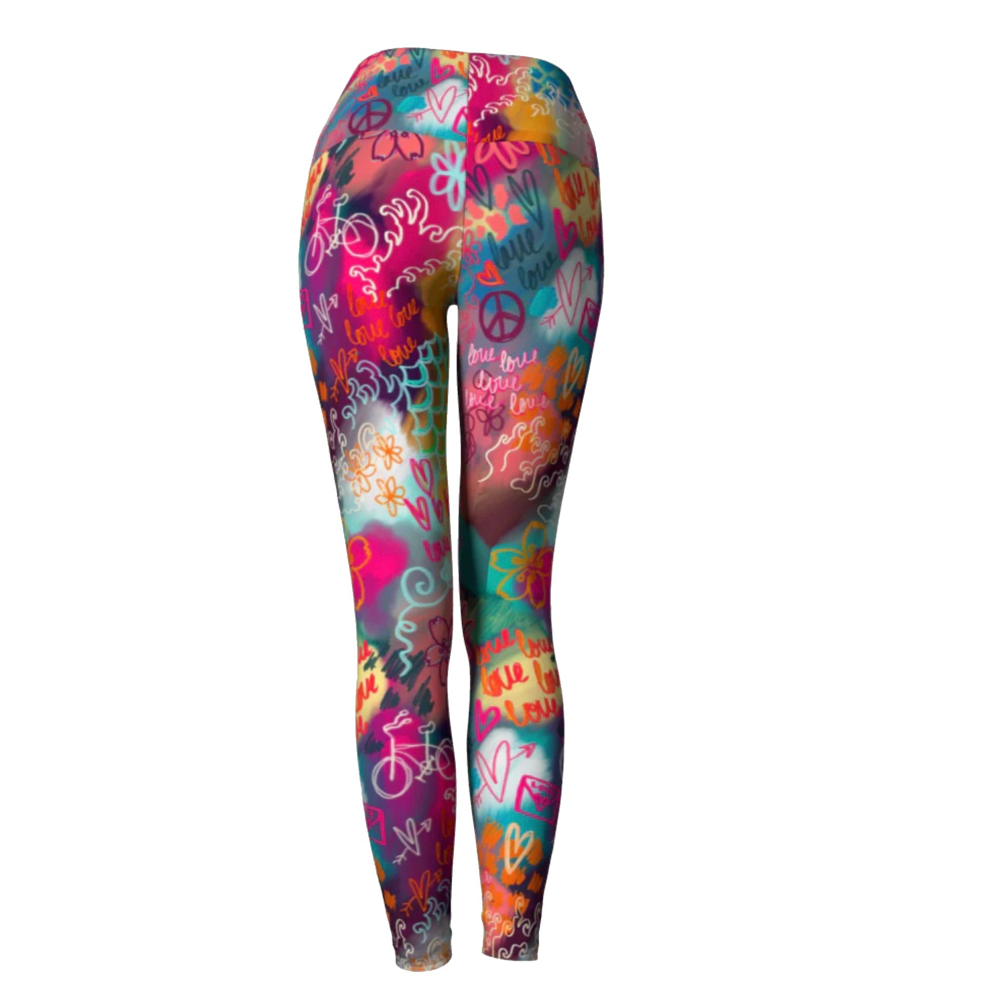 Colorful compression yoga leggings with peace love sakura print, back side view