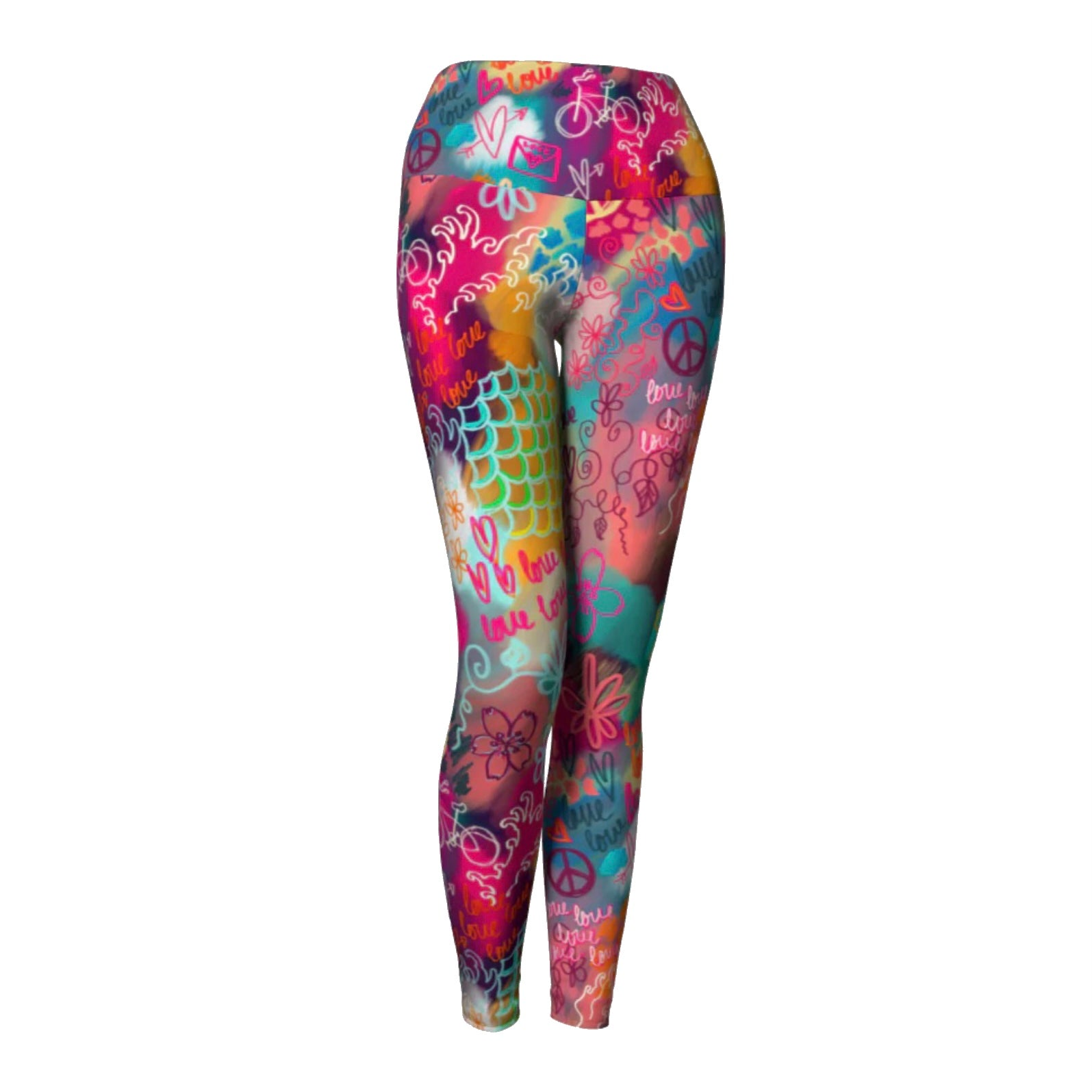 Colorful compression yoga leggings with peace love sakura print, front view