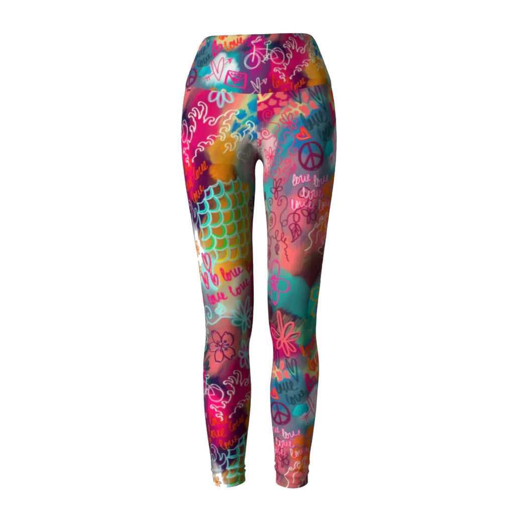 Colorful compression yoga leggings with peace love sakura print, front view