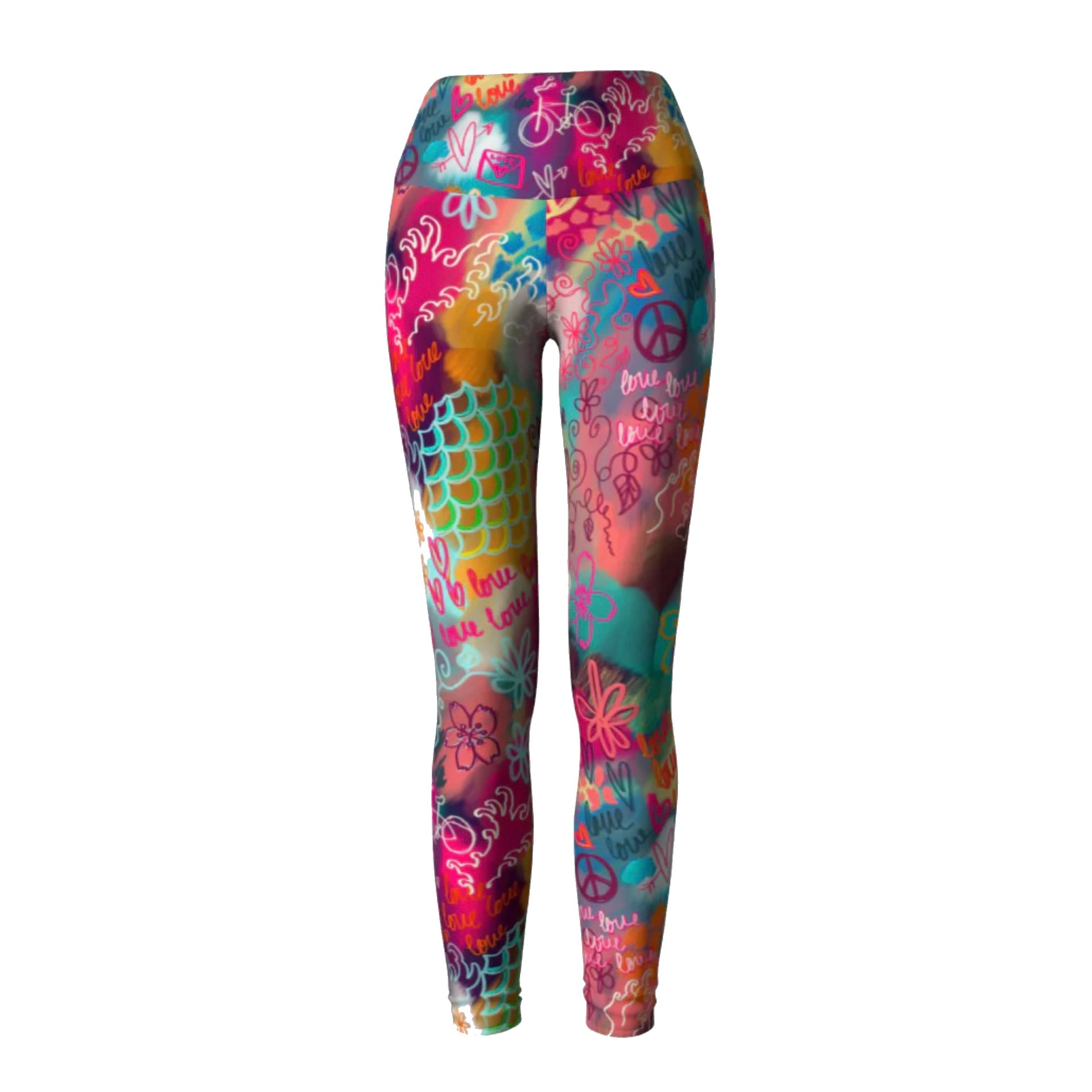 Colorful compression yoga leggings with peace love sakura print, front view